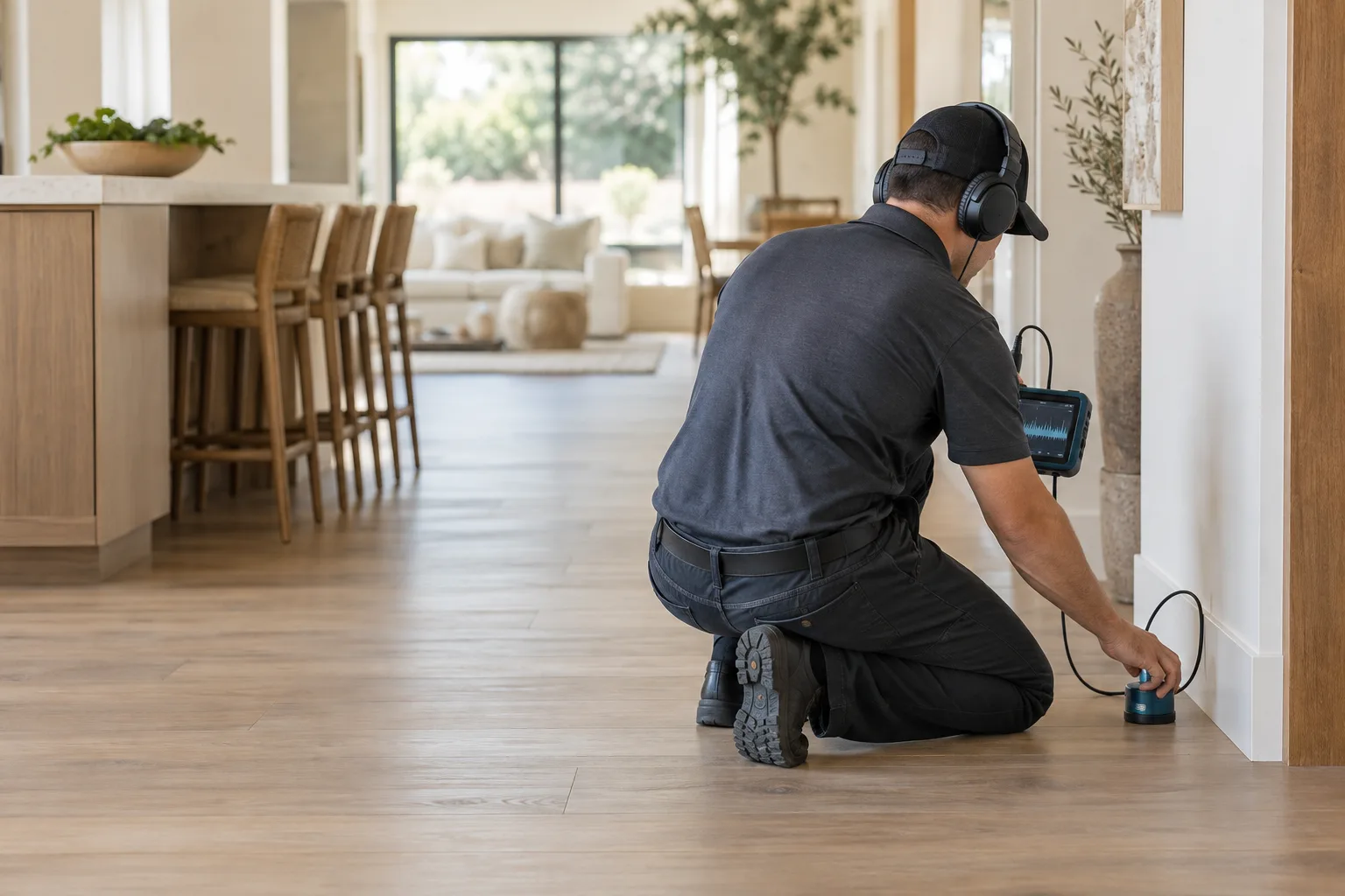 Illustrative image of a leak-detection technician using acoustic equipment inside a home